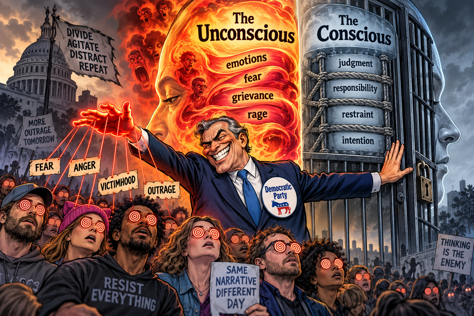 A fictional political cartoon: a politician pulls emotional strings on the fiery Unconscious side of a head, while the gray Conscious side, labeled judgment, responsibility, restraint and intention, is behind a locked cage.